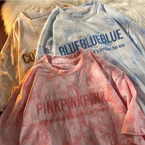 Women's T Shirts Short Sleeve T-shirts Women Letter Brodery Tie-Dye Hip Hop Korean Style All-Match Studenter Enkel Chic O-Neck