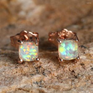 Stud Earrings Simple Rose Gold Color Square Fire Opal For Women Charm Stone 4/5/6/7MM Ear Bone Studs Girls Cute Jewelry