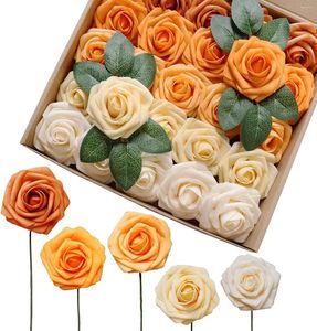 Decorative Flowers 25pcs Mefier Home Artificial Sunshine Yellow Ombre Foam Roses With Stem For DIY Wedding Birthday Decoration Fake Rose