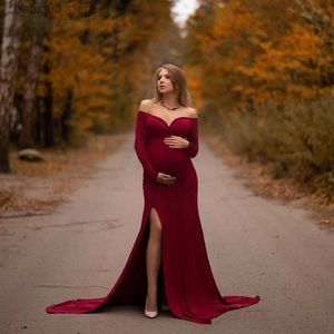 Maternity Dresses Sexy Shoulderless Maternity Dresses for Photo Shoot Maxi Gown Split Women Pregnant Photography Prop Long Pregnancy Dress Clothes T230523