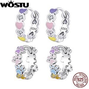 Huggie Wostu 925 Sterling Silver Women Multicolor Cute Paws Emalj Zircon Heart Hoop örhängen Rainbow Fine Jewelry Gift for Girl FNE580