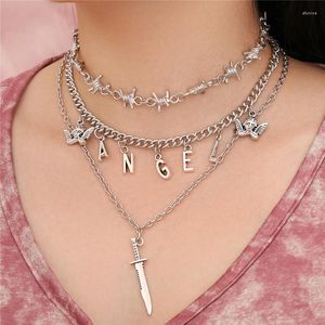 Подвесные ожерелья Hi Man Three Layer Angel Spring Petite Devil Killing Knife Kurdish Blade Dagger Counglace Женщины панк -ювелирные изделия