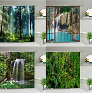 Duschvorhänge, Waldlandschaft, Duschvorhänge, Baum, Wasserfall, Berg Fuji, Landschaft, wasserdicht, Badezimmer-Vorhang-Set, Badewannen-Dekor, Tuch mit Haken 230523