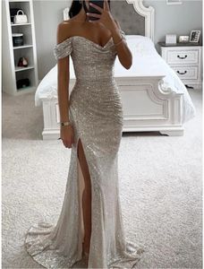 Sparkle Silver Mermaid Women Evening Party Dress 2024 Off Shoulder Sequined Ruched Slit Formal Prom Gowns Arabic Dubai Robe de Soiree