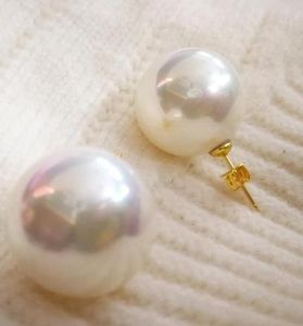 Örhängen unika 18 mm vit skal pärla guld studörhängen perfekta runda bollpärlor naturliga sydsäckskal pärlkvinna smycken fest gåva