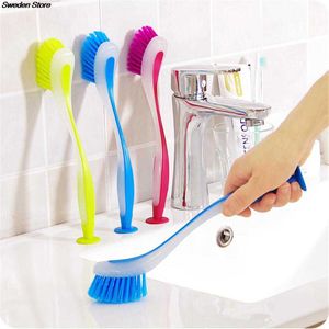 Cleaning Brushes 1pc Pot Cleaning Brush Vertical Multifunction Kitchen Suction Cup Type Sink Cleaning Scrub Brush Long Handle G230523