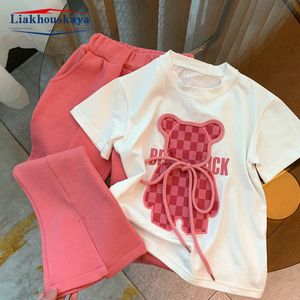 Clothing Sets est Summer Teens Clothes Set Sport Bear Print Cotton Crop Top T Shirt Wide Long Pant Suit Korea Child Tracksuit 230522