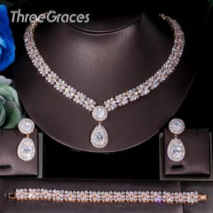 Ställer in ThreeGraces Luxury Dubai Gold Color Smycken Set Big Water Drop Cz Stone Wedding Necklace Earrings Armband för Brides JS057