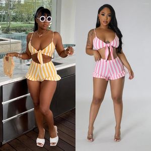 Kvinnors spårdräkter Summer Striped 2 Piece Shorts Set Women Sexig BRA Spaghetti Strap Crop Top och Mini Casual Beach Wear Party Clubwear 2023