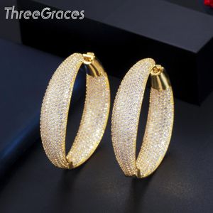 Huggie ThreeGraces Gorgeous White Full Cubic Zirconia Stone Big Round CZ Hoop Earrings for Ladies Korean Fashion Party Jewelry ER510