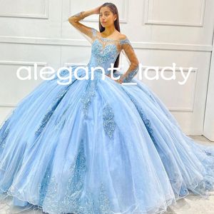 Sky Blue Quinceanera Vestidos de apliques de miçangas de ombro de ombro de manga comprida Corpeset de corpeio Prom Vestido de Baile 15 ANOS