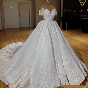 Wedding Ball Gown Dresses Jewel Neck Lace Appliques Beads Short Sleeves Overskirts Detachable Train Bridal Gowns Custom Made Robe De Mariee Open Back s