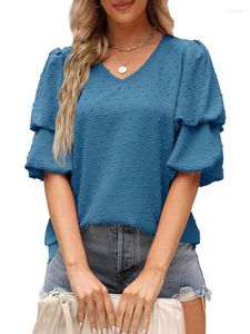 Kvinnors blusar 2023 Summer Chiffon for Women Fashion V Neck Lantern Sleeve Plus Size Size Tops Elegant Office Work Lady Shirts