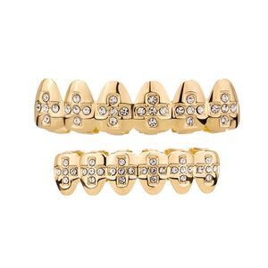 Hip Hop Gold ICED OUT Crystal Cross Teeth Hiphop Jewelry Gold Teeth Grillz Rhinestone Top&Bottom Grills Set Shiny Tooth