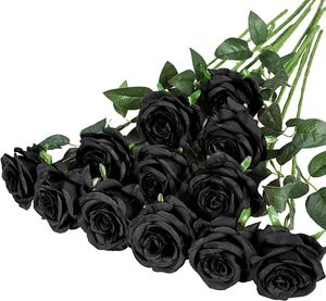 Fiori decorativi 12PCS Seta artificiale Bouquet di rose realistiche Gambo lungo per la casa Decorazione di nozze Festa (12PCS-Nero)