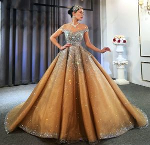 Luxury Dark Champagne Arabic Dubai Wedding Dress 2023 Illusion Neck Crystal Beads Bridal Formal Gown Customed Vestidos De Noiva