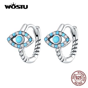 Huggie Wostu Turquoise Demon Eye Hoop Earrings 100％925 Sterling Silver CZ Circle small earrings for womensionsaryファッションジュエリー