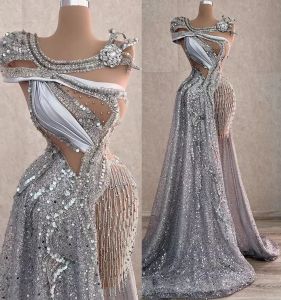 NEW Arabic Aso Ebi Sparkly Silver Luxurious Prom Dresses Beaded Crystals Evening Formal Party Second Reception Birthday Engagement Gowns Dress
