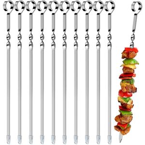 BBQ Tools Accessories 10pcs Skewers Reusable Stainless Steel Barbecue Sticks Flat Cooking Grill Home Camping Kitchen 230522