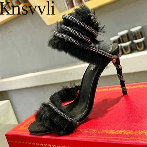 Sexy High Heels Gladiator Sandals Women Rhinestone Snake Around Ankle Wrap Prom Shoes Rabbit Hair Crystal Runway Sandals Woman X230523