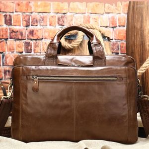 Briefcases Vintage Man Handbag Briefcase Men Shoulder Crazy Horse Genuine Leather Bags Brown Business Fashion 15 Inch Laptop Bag
