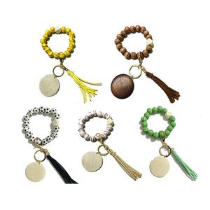 Portachiavi con nappa di perline Bracciale Portachiavi Ciondolo Favore di partito Palla sportiva Calcio Baseball Pallacanestro Perlina di legno Goccia Consegna Gioiello Dhxhx