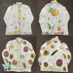 Мужские повседневные рубашки 23SS Новые рубашки Casablanca Orange Color Delicious Food Print Casual Vintage Sense Temprament шелк с длинным рубашкой T230523