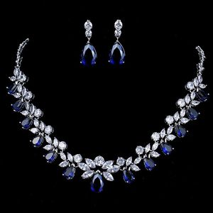 Alfinetes broches AMC luxo flor azul gota de água pingente colar brinco conjunto AAA zircão cúbico CZ nupcial jóias de casamento presente para mulheres 230619