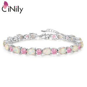 Bangle Cinily skapad vit eld Opal Pink White Stone Silver Plated Wholesale Jewelry for Women Chain Armband 7 3/8 