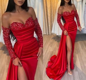 Shine Red Women Вечернее платье для вечеринки с длинным рукавом от плеча Satin Stine Sequin Slit Formal Prayds Robe de Soiree vestidos de Feast