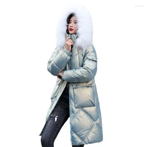 Women's Down Cotton Coat Women 2023 Winter Fashion Bright Outerwear Hooded Fur Collar Pocket Slim Mid-length Jacket Female JD1450