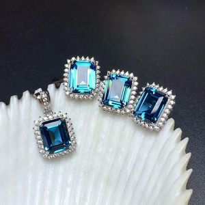 Necklace Natural London Blue Topaz Gemstone Rectangle Jewelry Set 925 Pure Silver 3 Pieces Suit Wedding Jewelry for Women