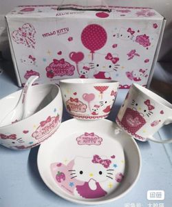 Tigelas 5pcs Kitty Dinnerware Cerâmica tigela Conjunto de prato Copo de cozinha ferramentas de cozinha Acessório Decoração doméstica Decoração de casa Porcelana