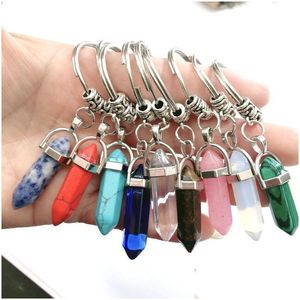 Keychains Lanyards Fashion Hexagonal Column Crystal Stone Keychain Pendant Natural Gemstone Key Chain Car Bag Decoration Keyring A Dhgdz