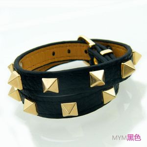 Bangle Vintage style double layer spike bracelet with PU leather famous brand jewelry pyramid rivets bracelets for female party gifts