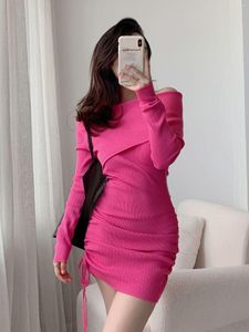 Casual Dresses Rose Red Off Shoulder Knit Slim Sweater Mini Dress for Women Long Sleeve Sexy Girls Tight Drawstring Top C618