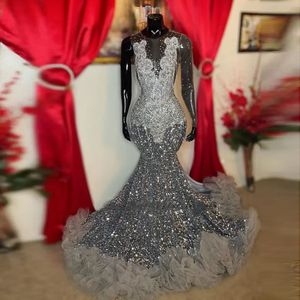 Sparkly Mermaid Prom Dress For Black Girls Sequined Beads Crystal Ruffle Formal Party Sexy Evening Gown Luxury Robe De Bal