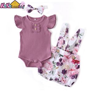 Completi di abbigliamento nati Vestiti per bambina Estate 3 pezzi Set di vestiti Moda senza maniche Pagliaccetti tinta unita Tuta casual Fascia per neonato 230522