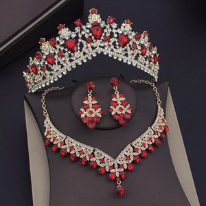 Sets Quality Red Crystal Bridal Jewelry Sets for Women Tiaras Crown Necklace Sets Bride Earrings Wedding Dress Dubai Jewelry Set