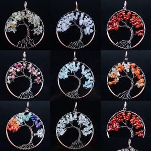 Pendant Necklaces Necklace Pendum Tree Of Life Round Natural Chips Stone Reiki Wicca Witch Amet Fashion Jewelry For Women Mens Bn326 Dhq3V