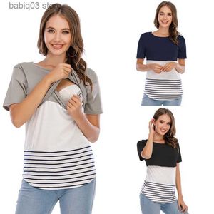 Maternity Tops Tees Pregnant Maternity Casual Clothes Nursing Tops Breastfeeding T-Shirt Pregnancy Maternity Striped Short Sleeve Shirt T230523