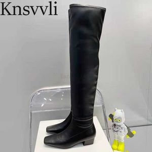 Boots New Style Square Heel Thigh High Boots Woman Black Camel Long Stretch Boots Woman Square Toe Low Heel Over Knee High Boots Woman X230523