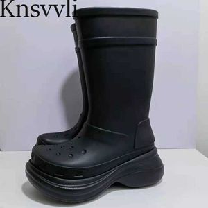 Heißer Verkauf dicker Sohle Regenschuhe Frauen Gummi wasserdichte Regenstiefel Plattform Schuhe runde Zehen Knie High Stiefel Regenstiefel Frau x230523