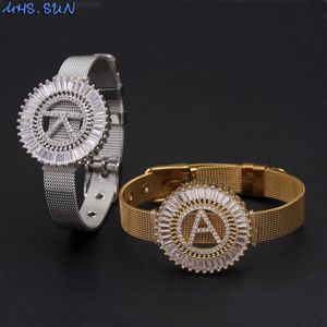 Bangle MHS.SUN Stainless Stee Watch Style Bracelet 26 Alphabets AAA Cubic Zircon Bangle AZ Letters For Women Initial Jewelry Gift