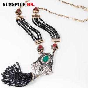 Necklaces SUNSPICEMS Turkish Vintage Flower Bead Necklace Retro Gold Color Long Black Stone Chain Ethnic Wedding Jewelry Crystal Pendant