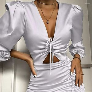 Casual Dresses Hollow Out Sexy Hip Wrap Dress Women V-Neck Drawstring Pleat Summer Long Sleeve BodyCon Party Black 2023