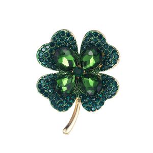 Crystal Green Four Leaf Clover Brosch Charm Rhinestones Lapel Pin Shamrock Clover Pin Brosch för kvinnor flickor