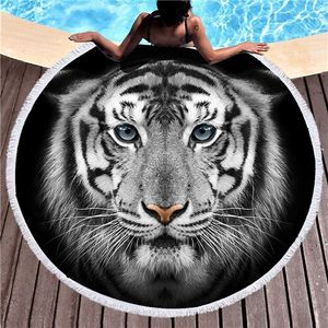 Svart 3D Tiger Round Beach Handduk Animal Theme Bath Handduk Mikrofiber Tygstorlek Simning Traves Sport Vuxen Thandduk