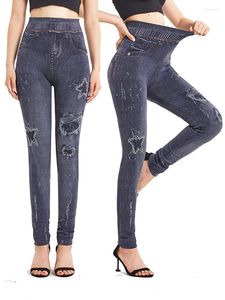 Kvinnors leggings indjxnd stjärnhål tryckt falska jeans plus storlek sömlös tät elastisk blyertsbyxa yoga sport hög midja jegings s-3xl