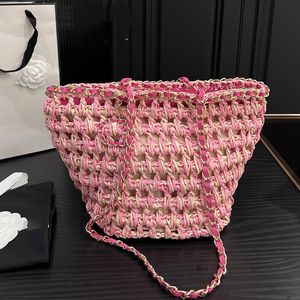 Kadın Tasarımcı Rafia Dokuma Saman Omuz Çantaları Plaj Alışveriş Şanslı Charm Tatil Pembe Bej Büyük Kapasite Çantaları Açık Moda Trendleri Cep 27x23cm